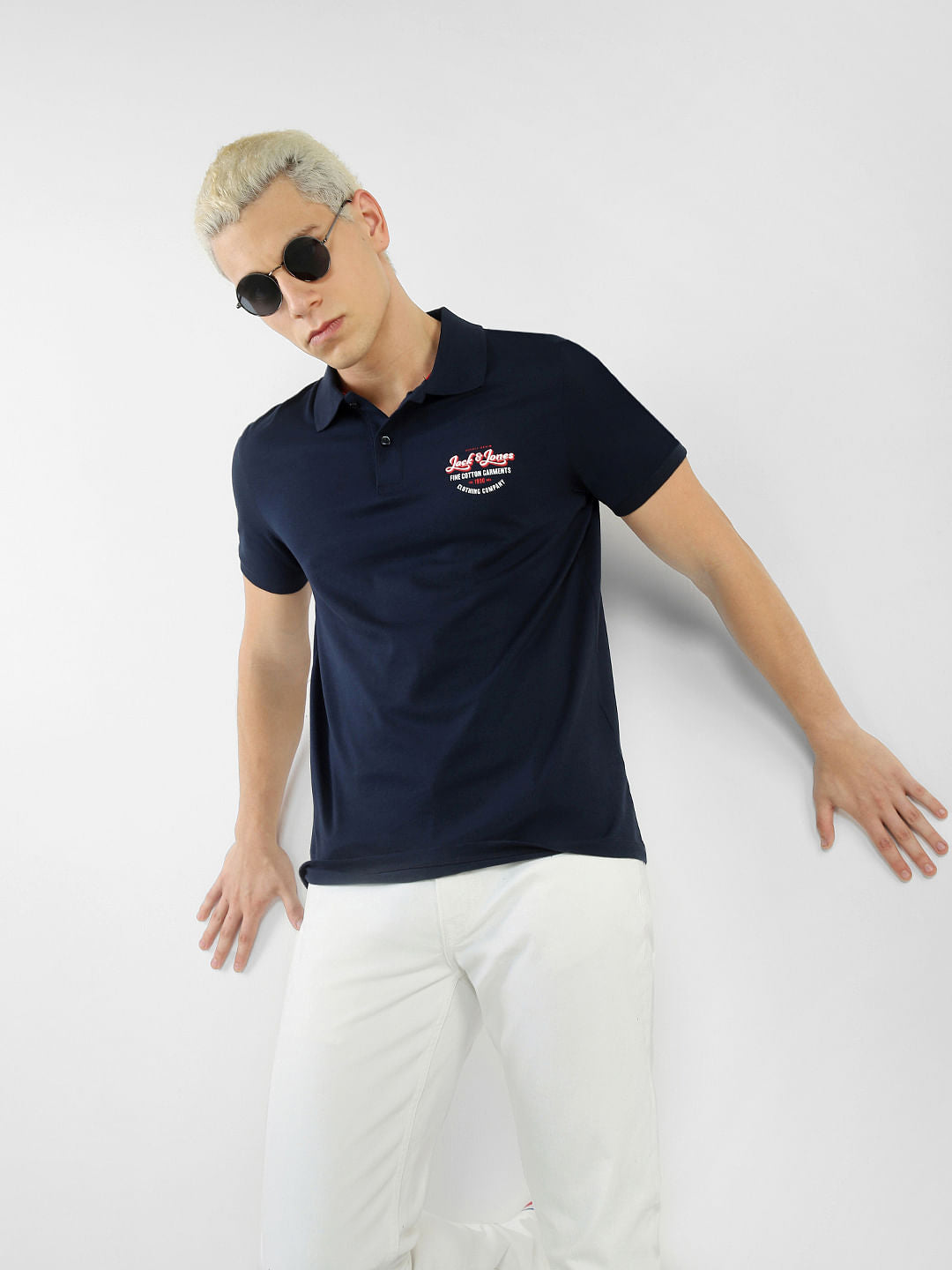 Navy Blue Logo Print Polo Neck T-shirt