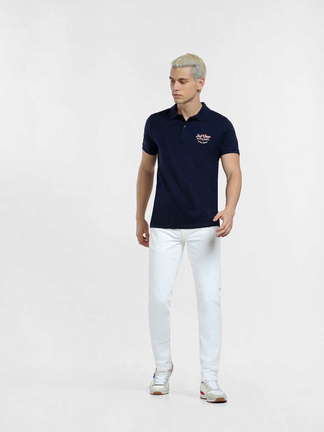 Navy Blue Logo Print Polo Neck T-shirt