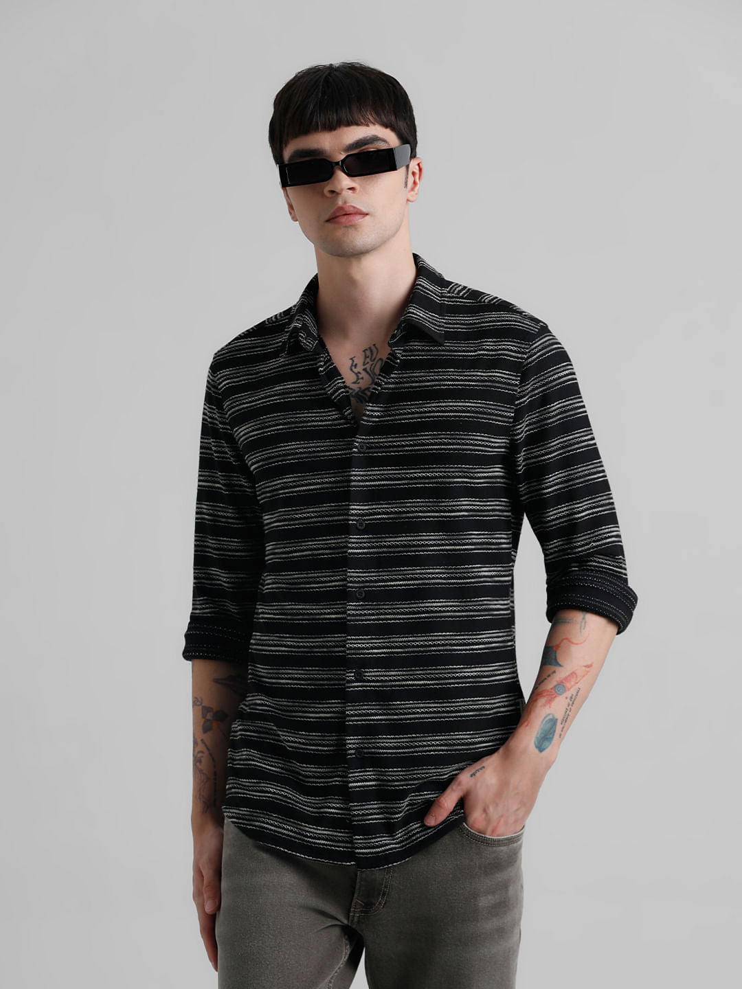 Black Embroidered Full Sleeves Shirt - S
