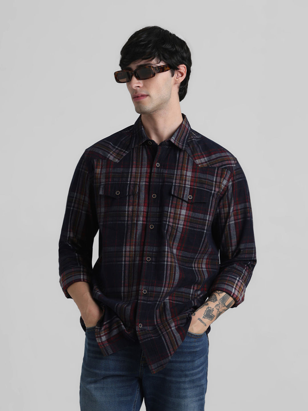 Navy Blue Check Full Sleeves Shirt - S