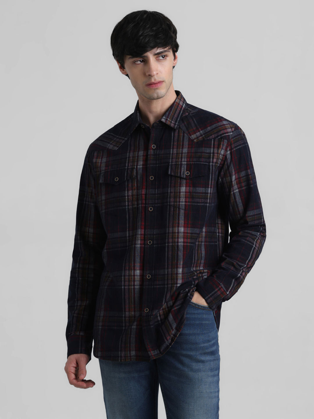 Navy Blue Check Full Sleeves Shirt