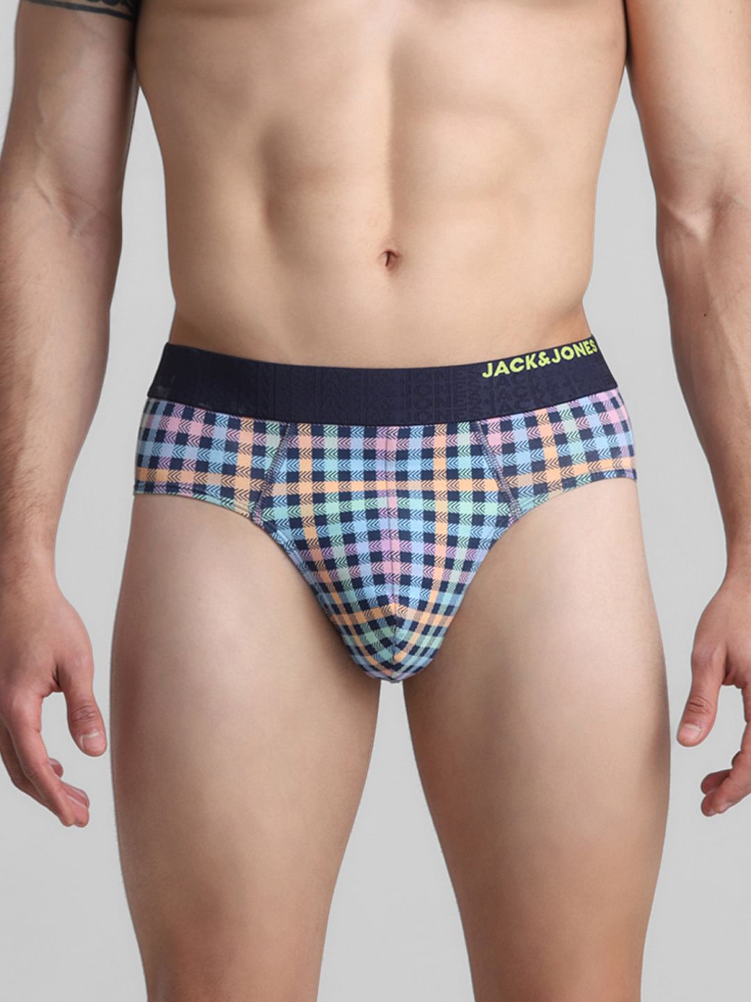 Navy Blue Check Print Briefs - S
