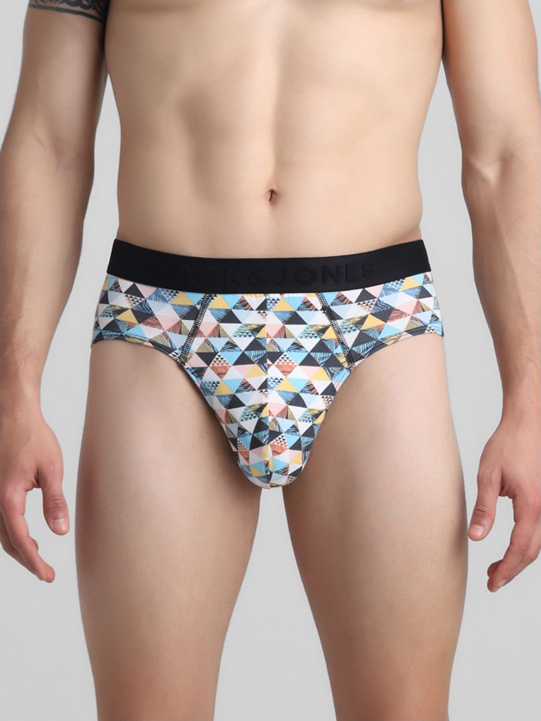 White Tropical Check Print Briefs - S