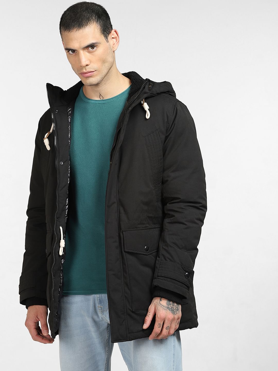 Black Quilted Teddy Parka Jacket