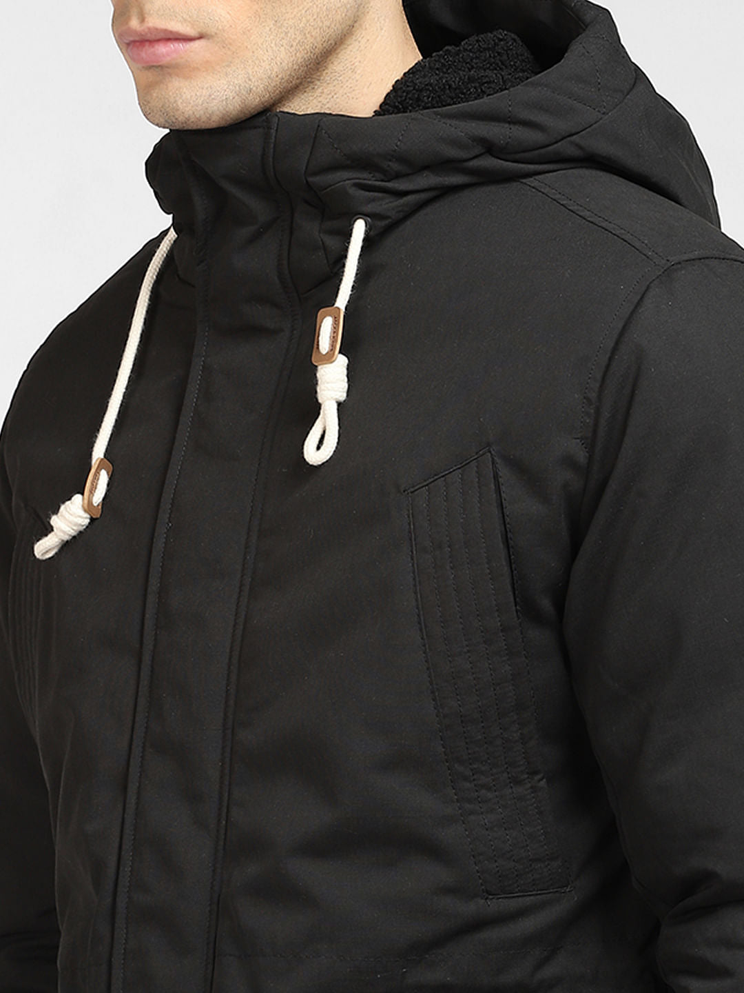 Black Quilted Teddy Parka Jacket