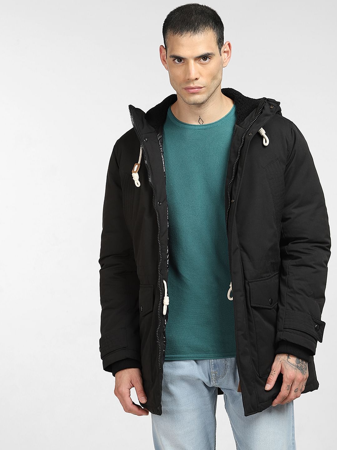 Black Quilted Teddy Parka Jacket
