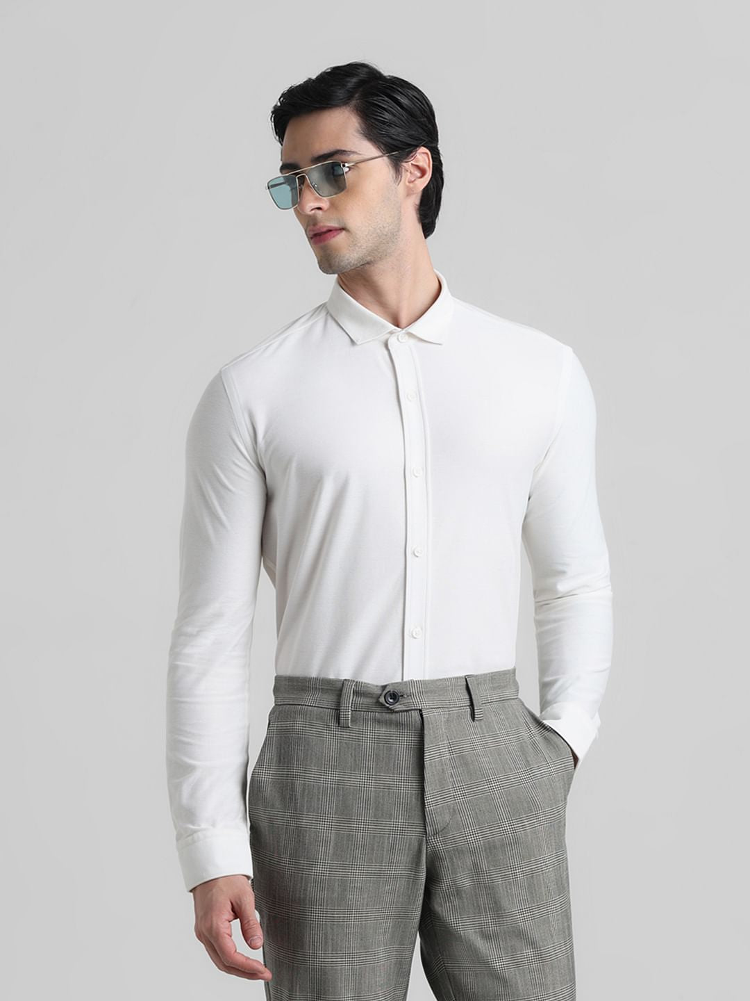 White Knitted Full Sleeves Shirt - S
