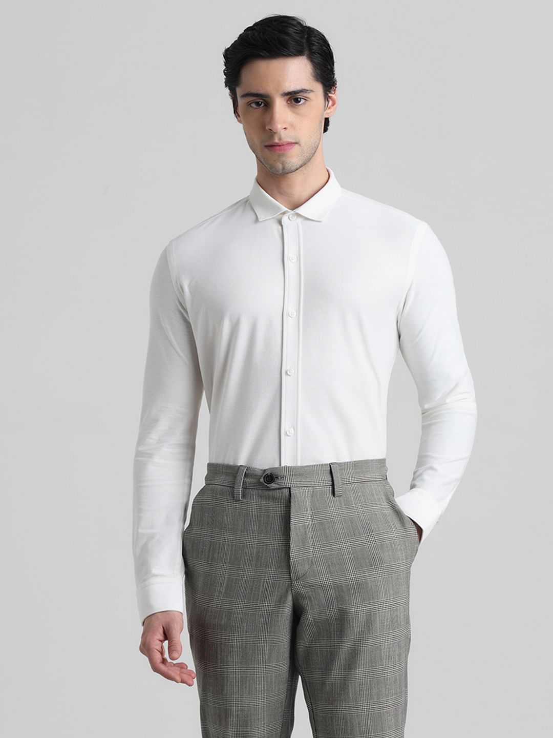 White Knitted Full Sleeves Shirt