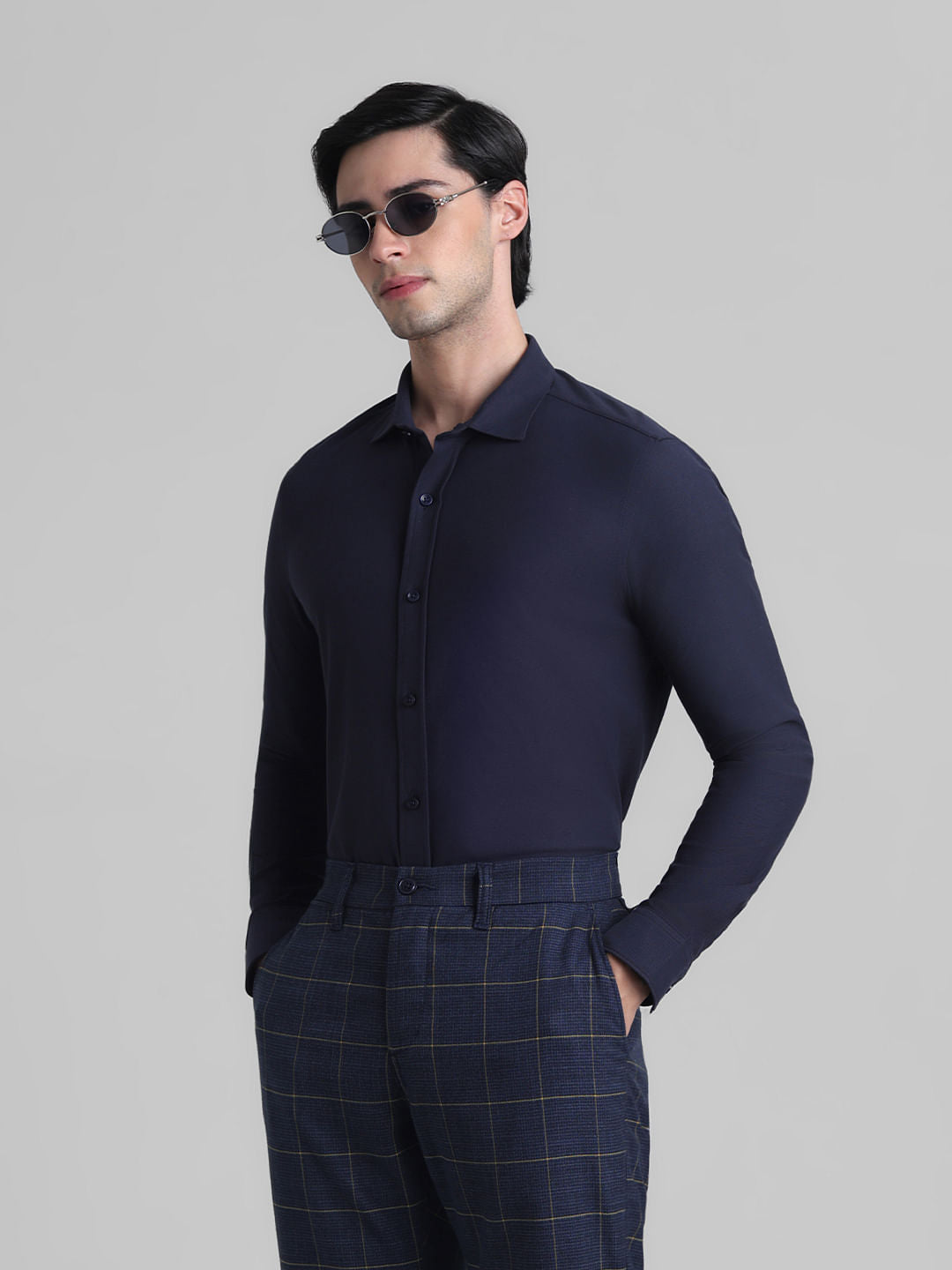 Navy Blue Knitted Full Sleeves Shirt - S