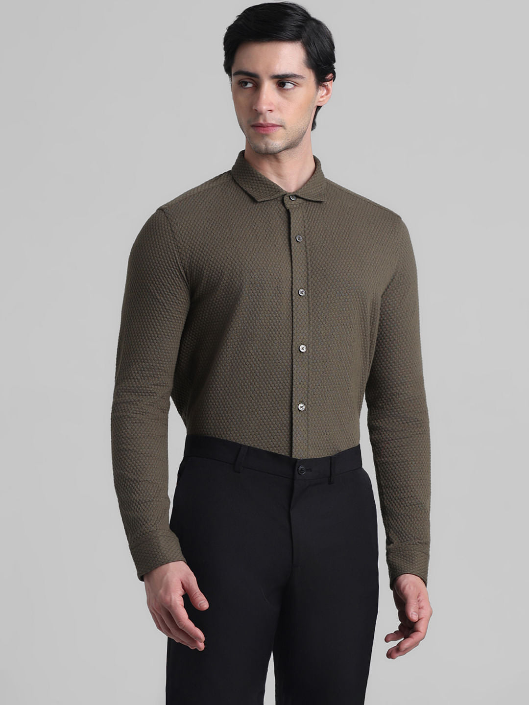 Olive Knitted Full Sleeves Shirt