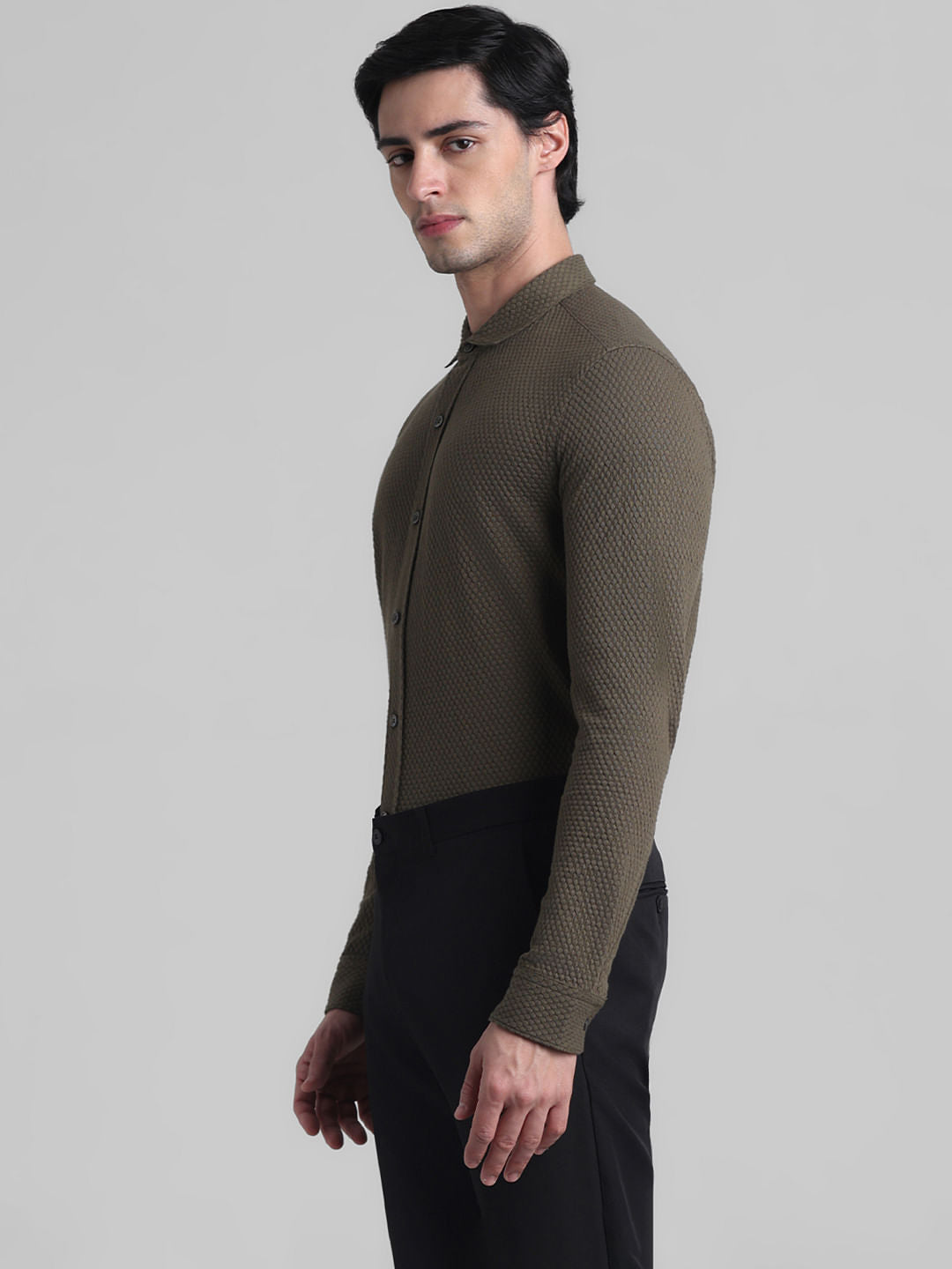 Olive Knitted Full Sleeves Shirt