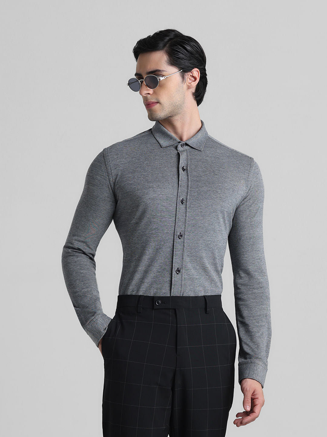 Grey Knitted Full Sleeves Shirt - S