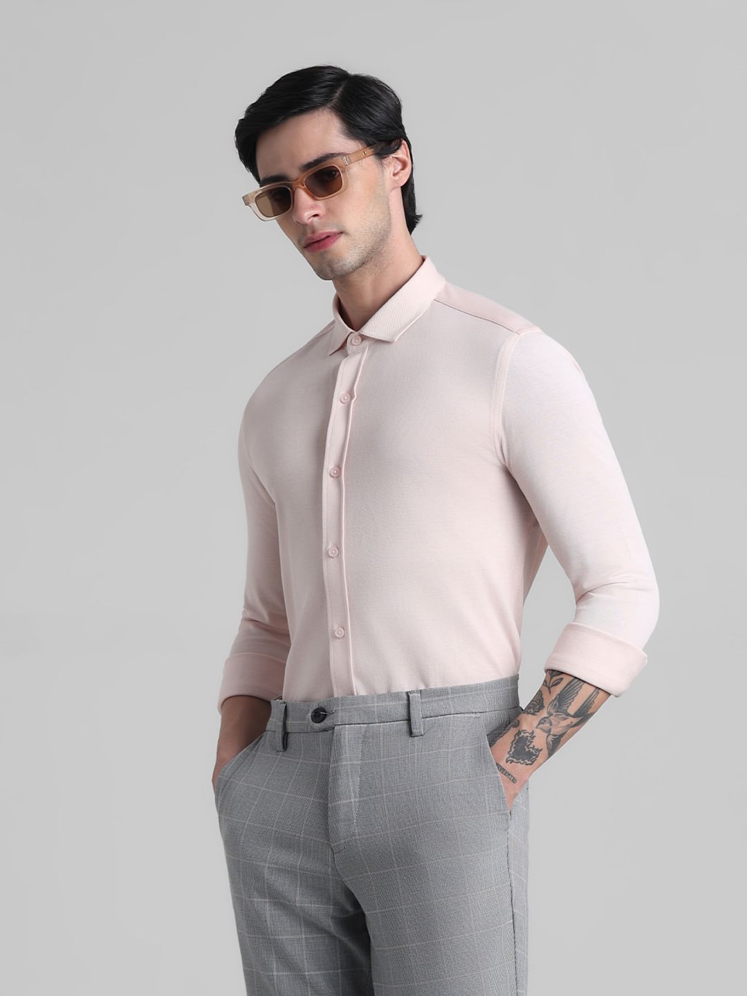 Light Pink Knitted Full Sleeves Shirt - S