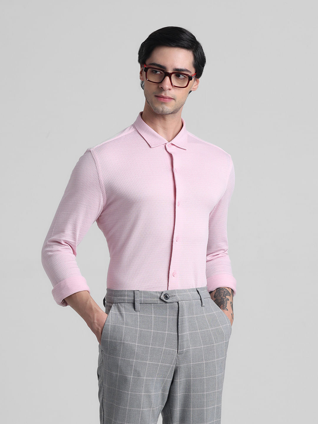 Light Pink Knitted Full Sleeves Shirt - S