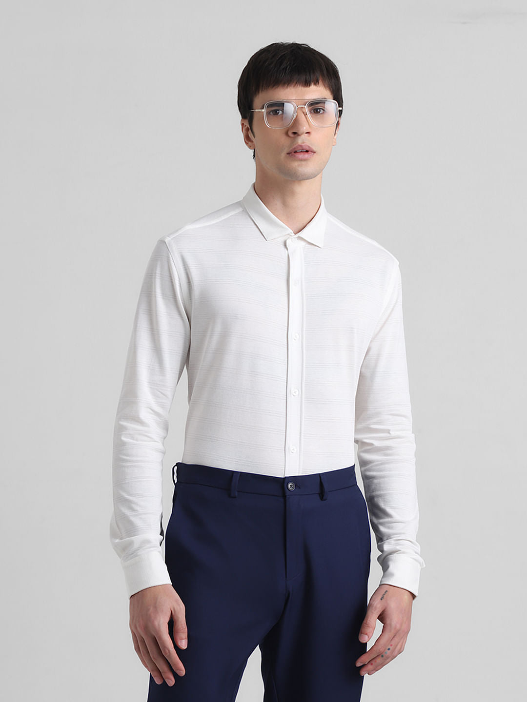 White Knitted Full Sleeves Shirt - S