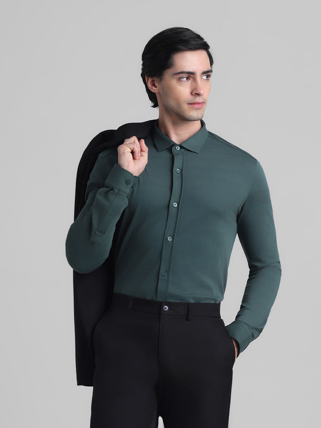Dark Green Knitted Full Sleeves Shirt