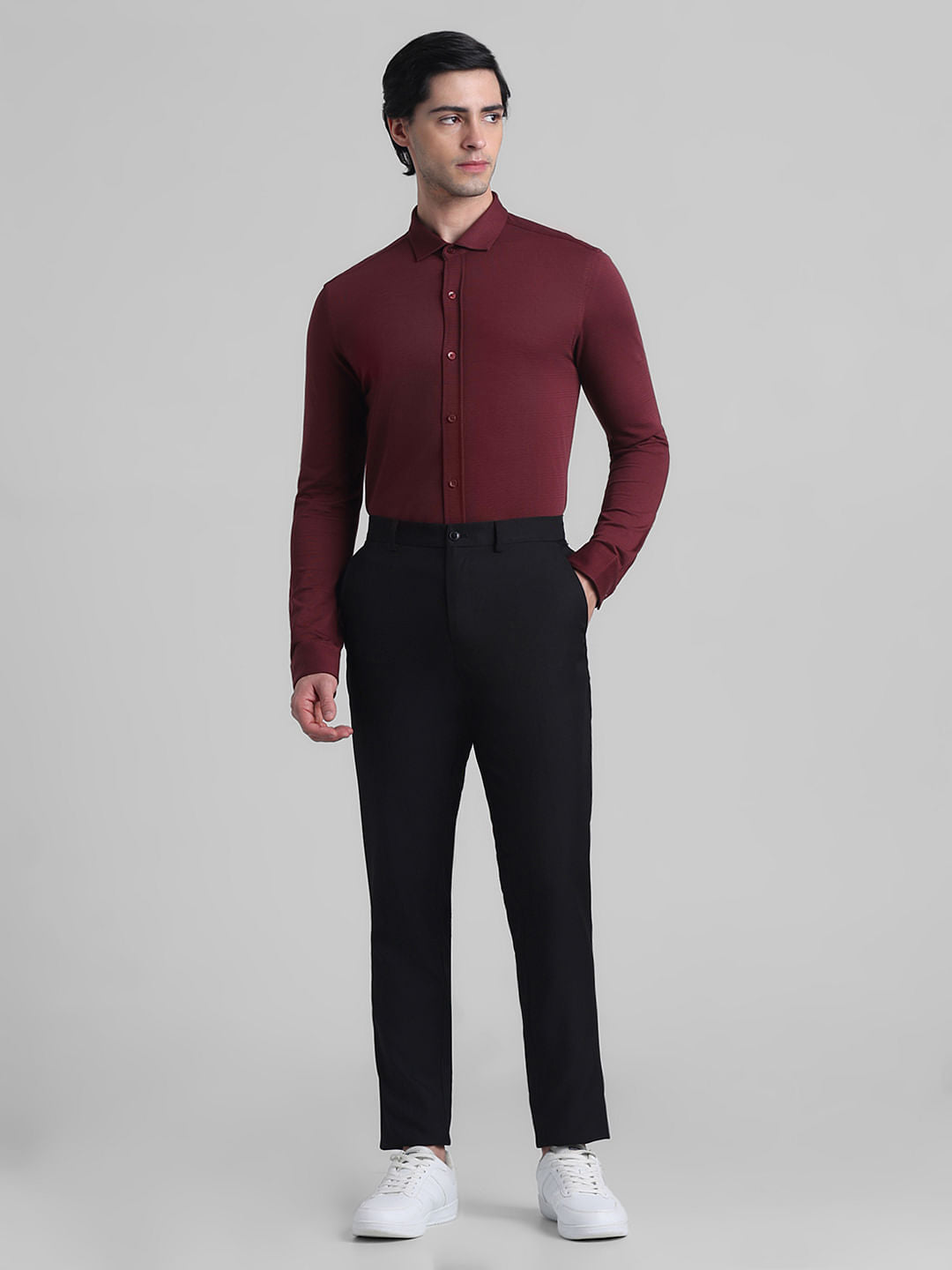 Dark Red Knitted Full Sleeves Shirt