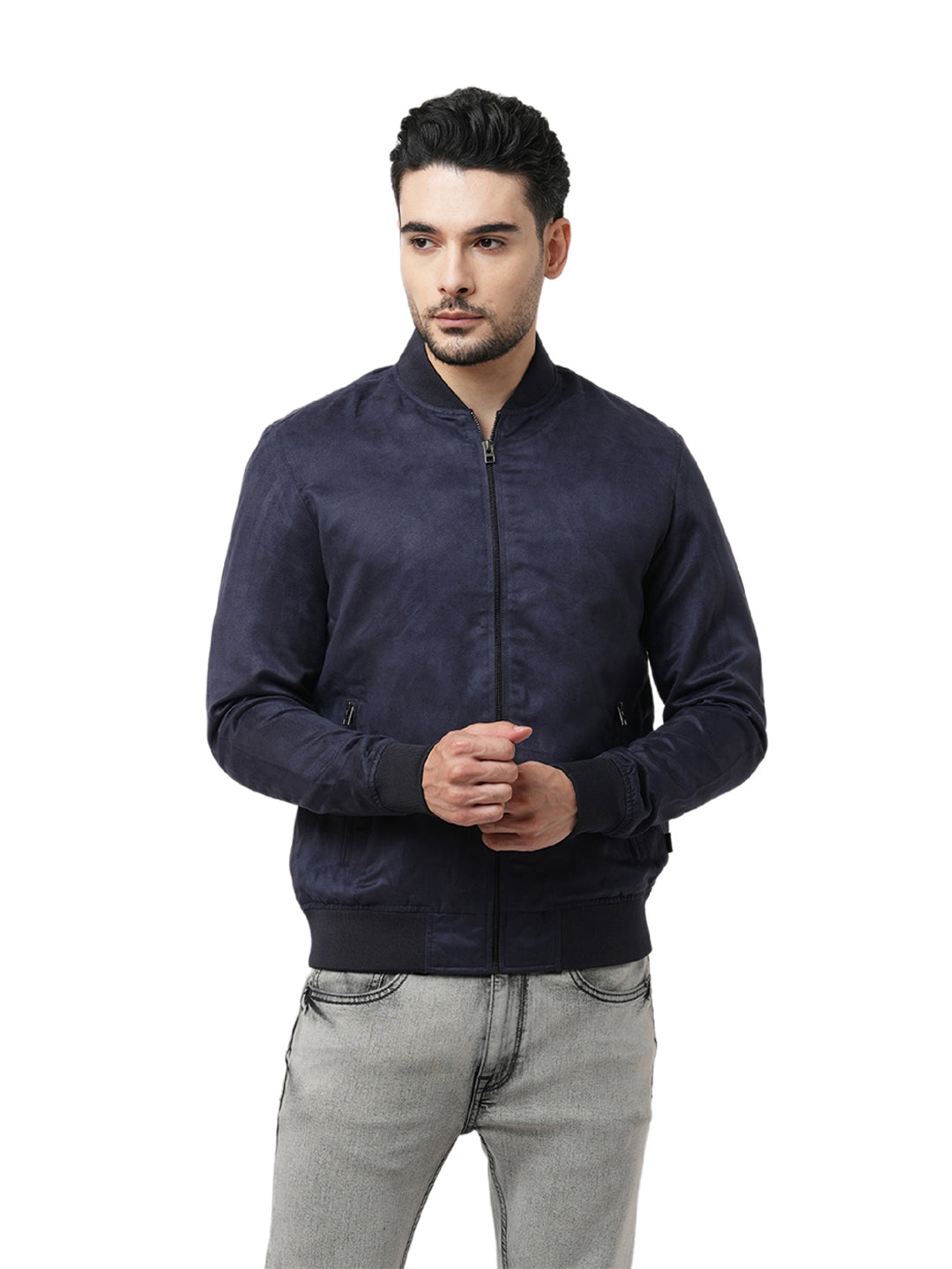 Navy Blue Faux Suede Bomber Jacket - S