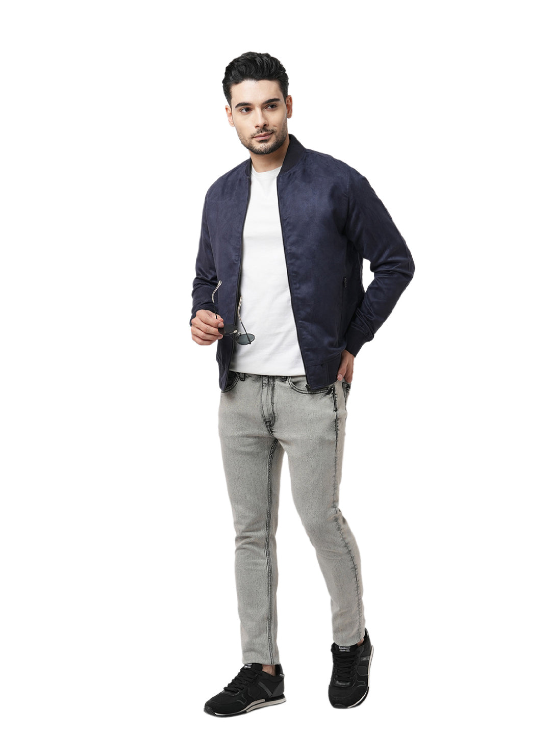 Navy Blue Faux Suede Bomber Jacket