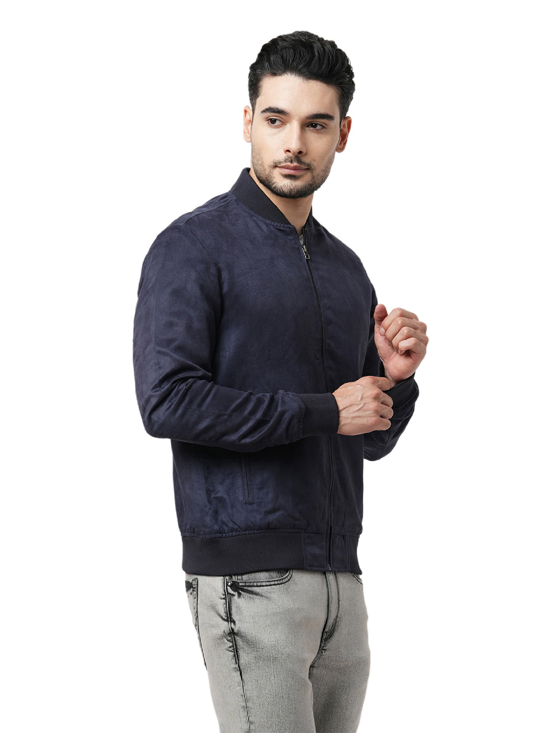 Navy Blue Faux Suede Bomber Jacket