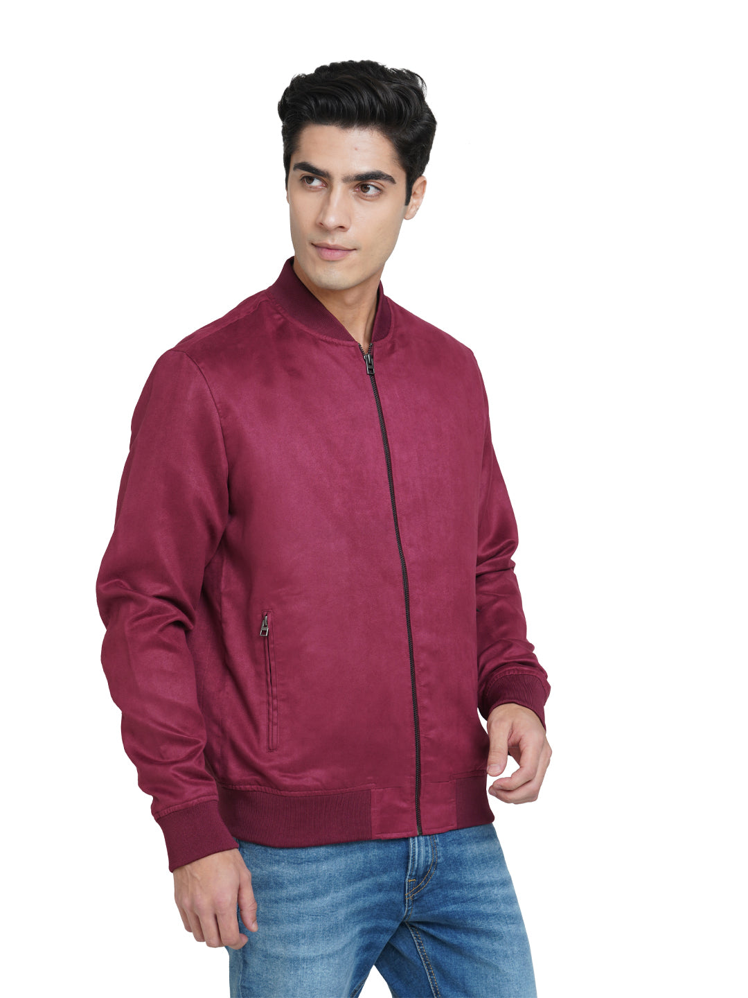 Wine Faux Suede Bomber Jacket - M