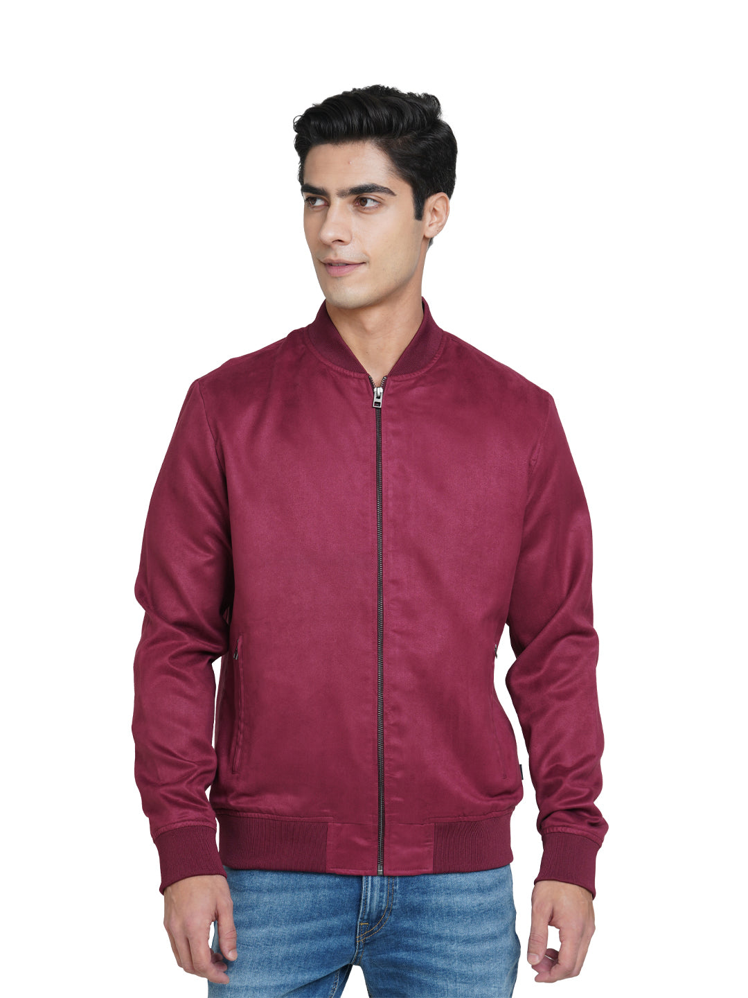 Wine Faux Suede Bomber Jacket