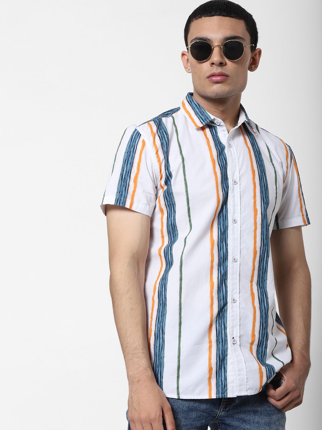 White Striped Short Sleeves Shirt - S
