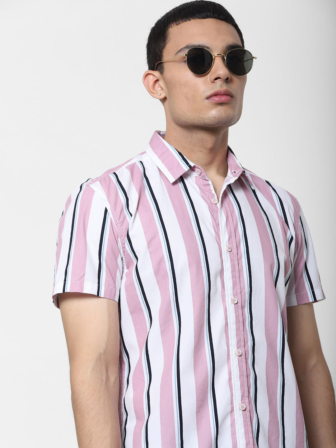 Pink Striped Short Sleeves Shirt - S