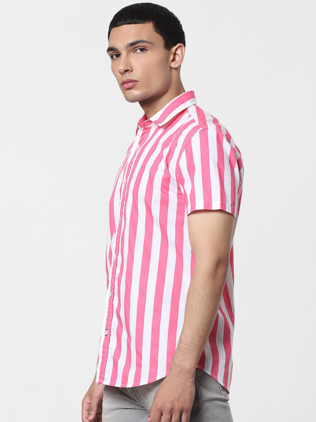 Pink Striped Short Sleeves Shirt