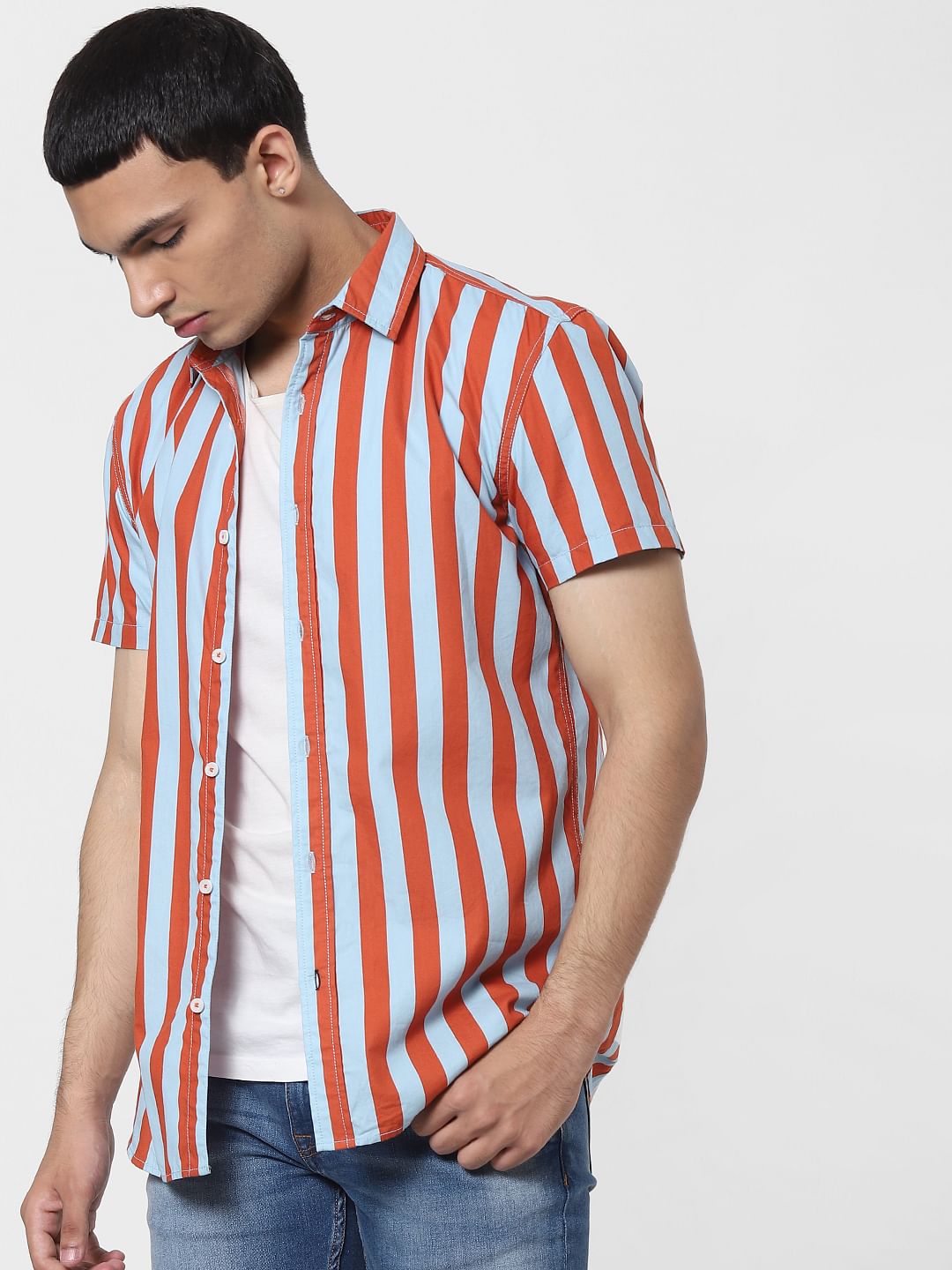 Orange Striped Short Sleeves Shirt - S