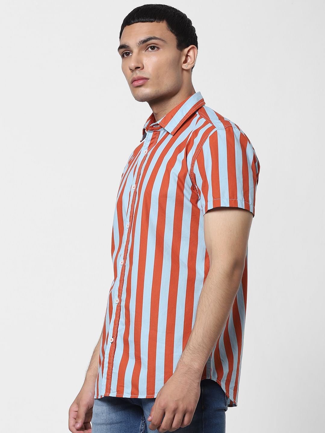 Orange Striped Short Sleeves Shirt