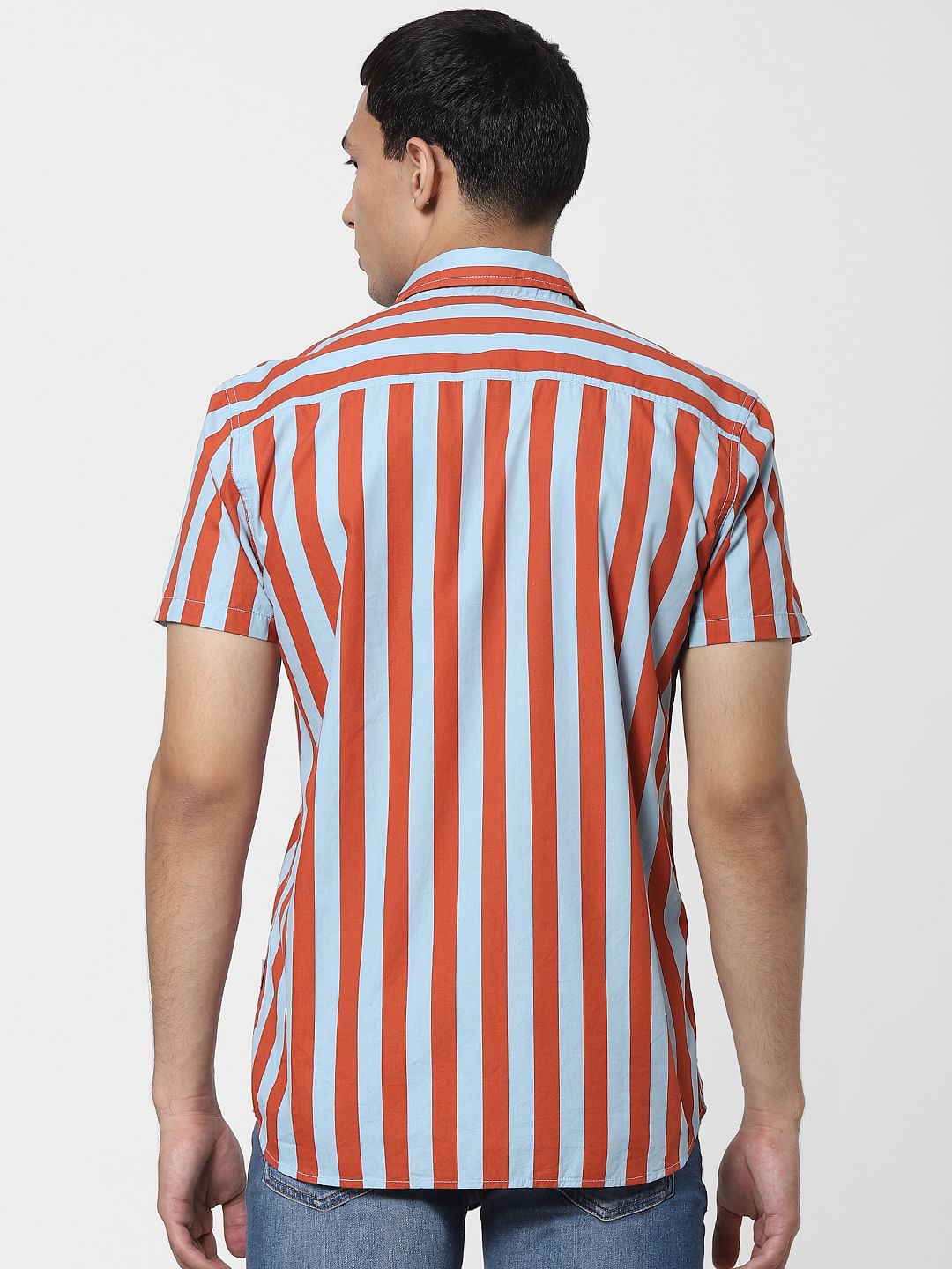 Orange Striped Short Sleeves Shirt