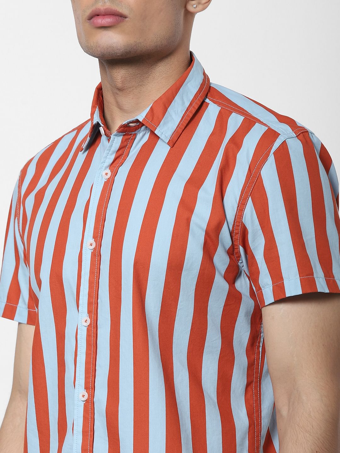 Orange Striped Short Sleeves Shirt