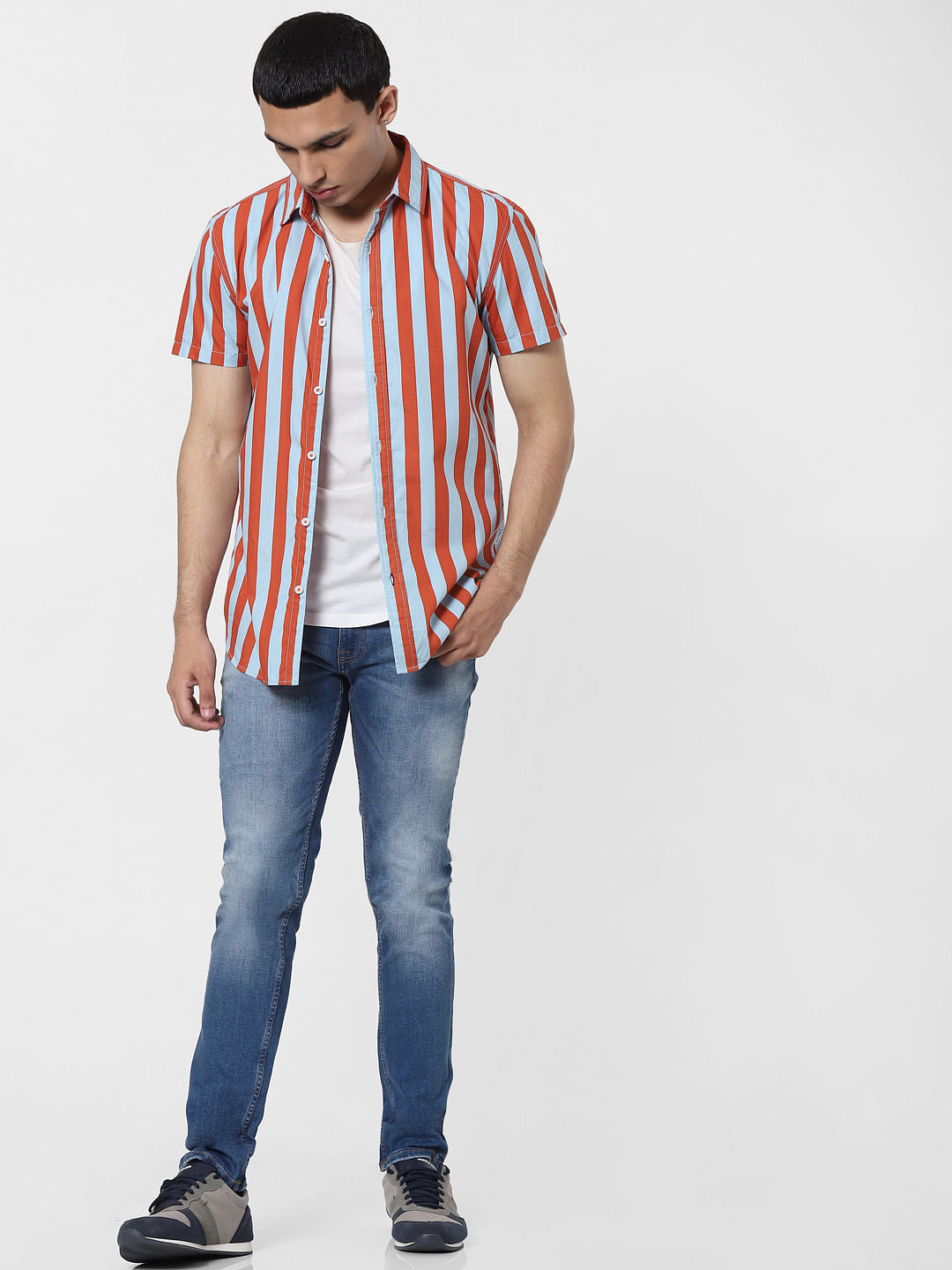 Orange Striped Short Sleeves Shirt