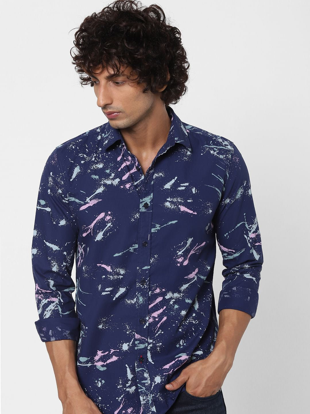 Blue Splash Print Full Sleeves Shirt - S
