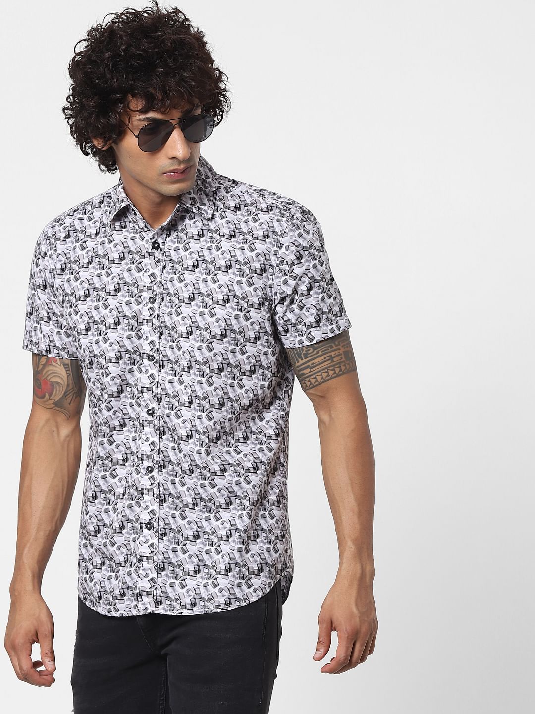 White All Over Print Half Sleeves Shirt - S