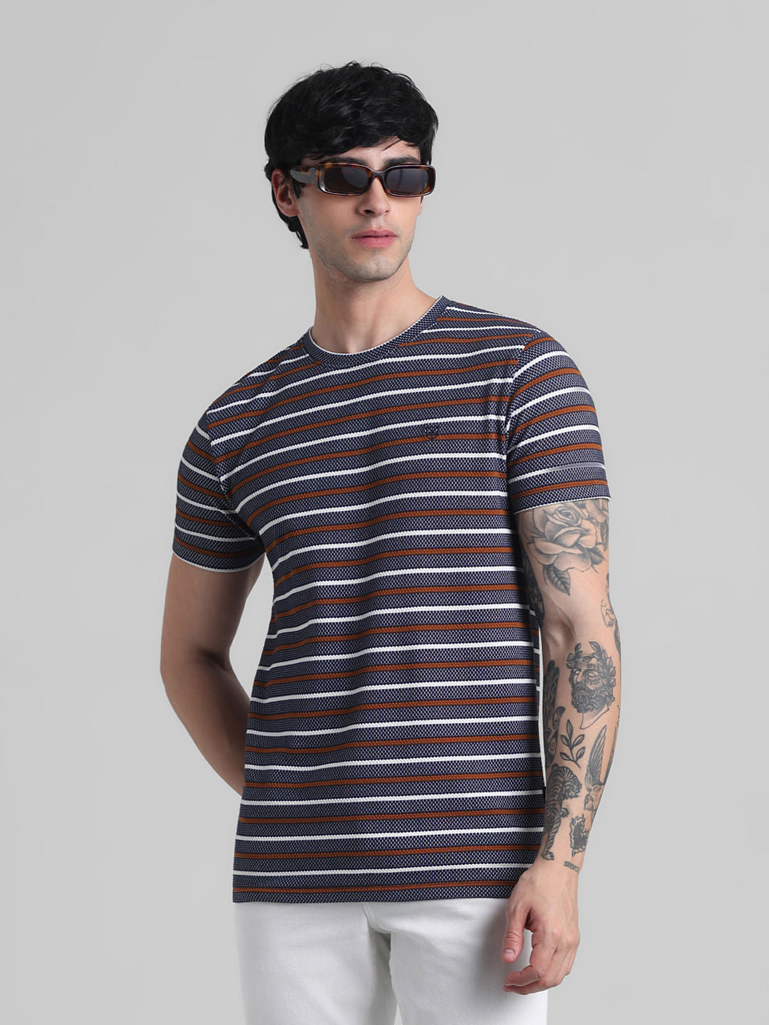Navy Blue Striped Crew Neck T-shirt - S