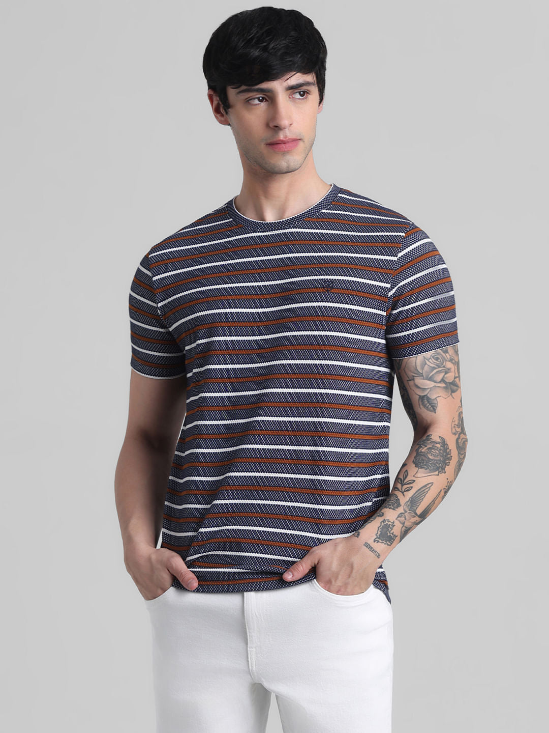 Navy Blue Striped Crew Neck T-shirt