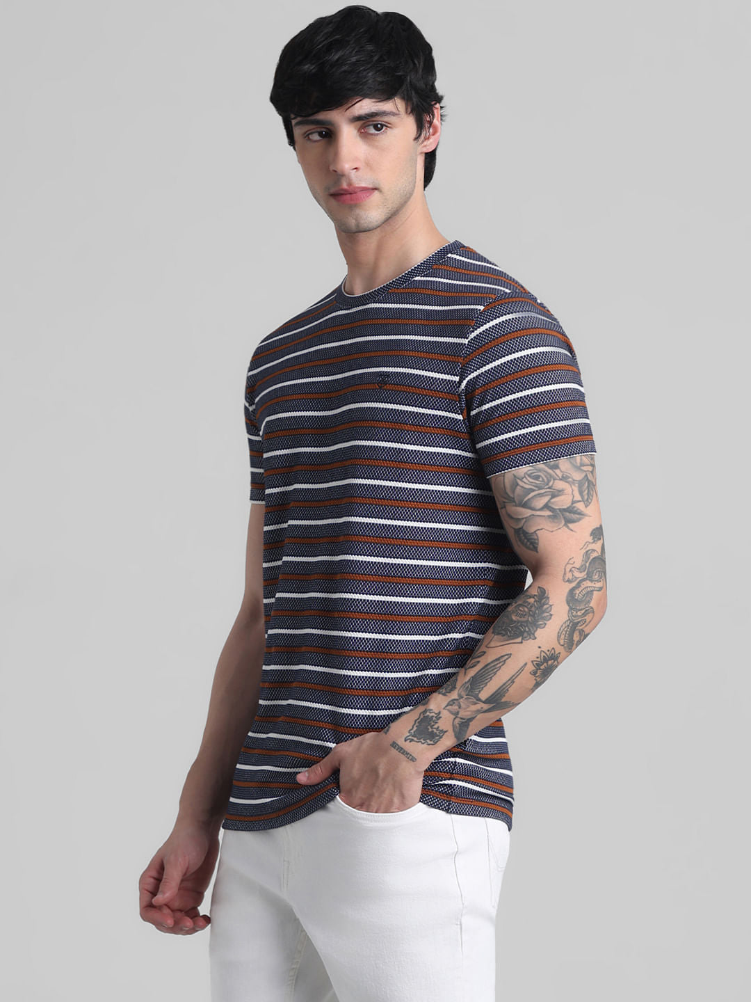Navy Blue Striped Crew Neck T-shirt