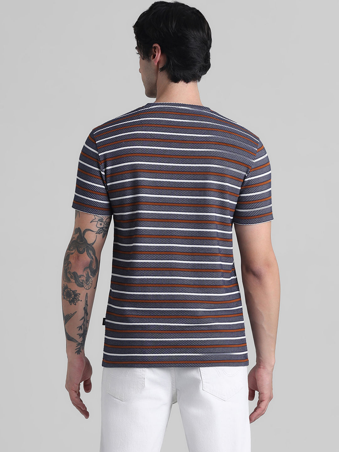 Navy Blue Striped Crew Neck T-shirt