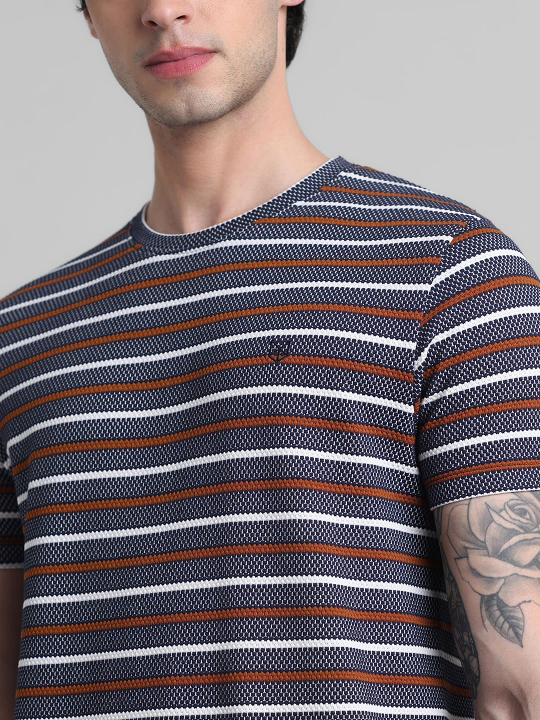 Navy Blue Striped Crew Neck T-shirt