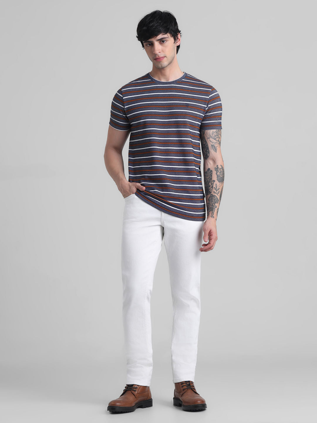 Navy Blue Striped Crew Neck T-shirt