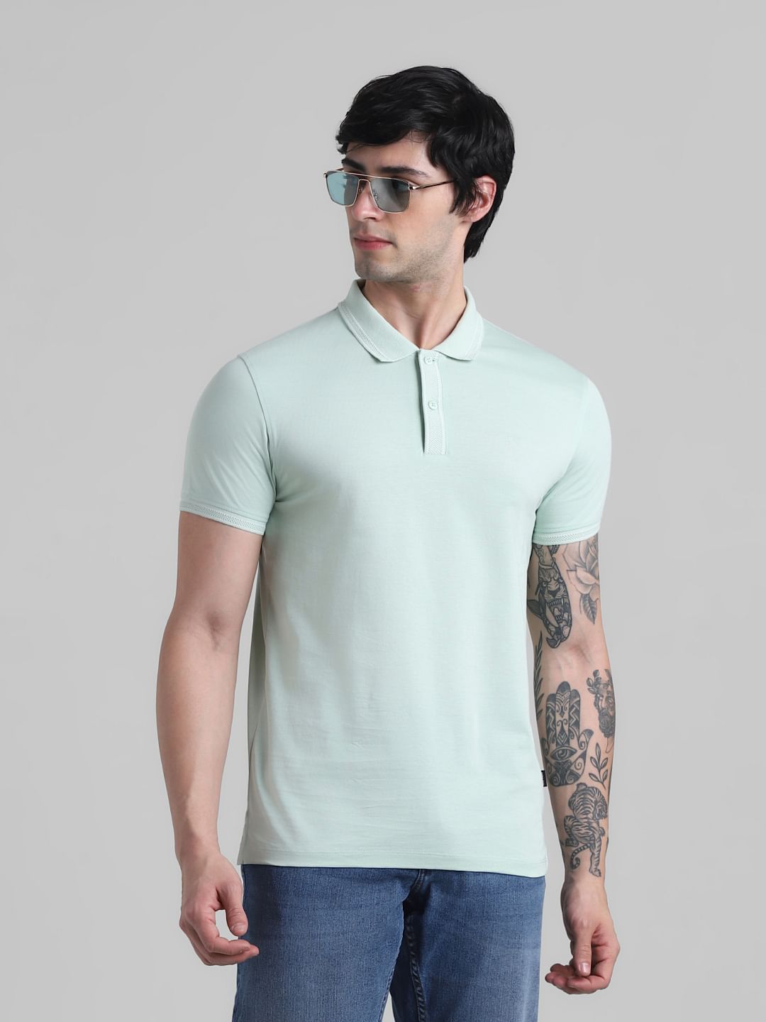 Green Contrast Tipping Polo T-shirt - S