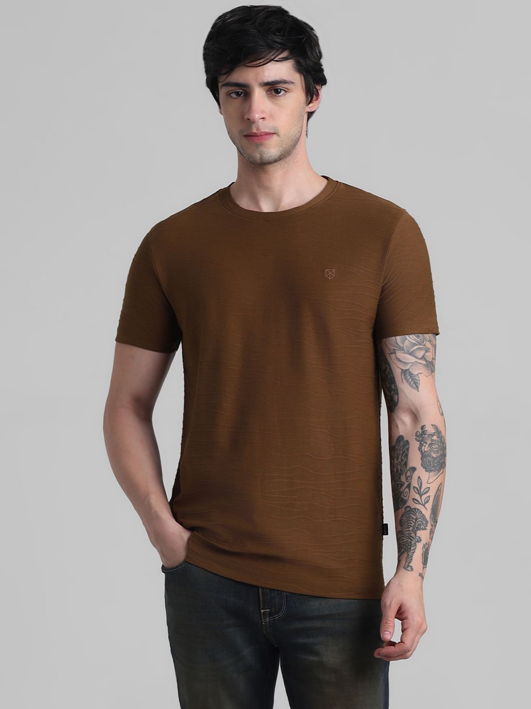 Brown Jacquard Cotton T-shirt
