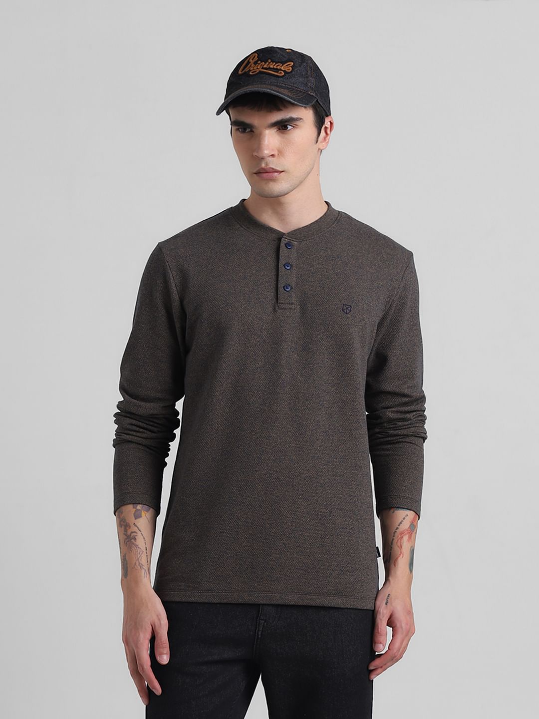 Brown Printed Henley T-shirt - S