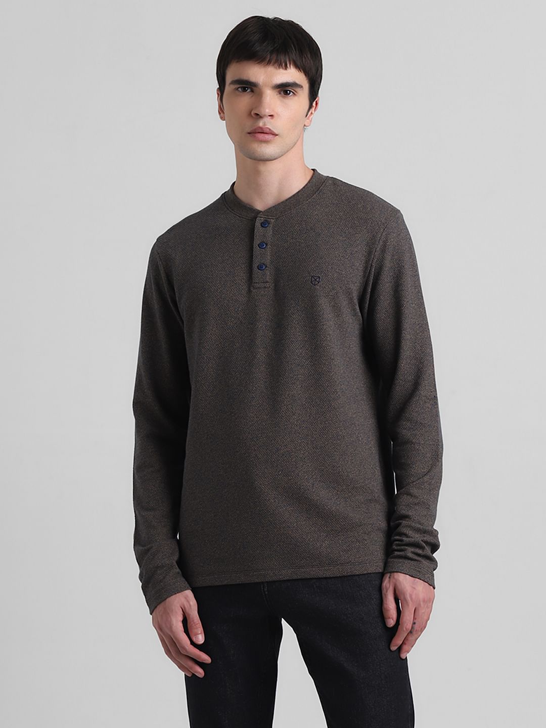 Brown Printed Henley T-shirt
