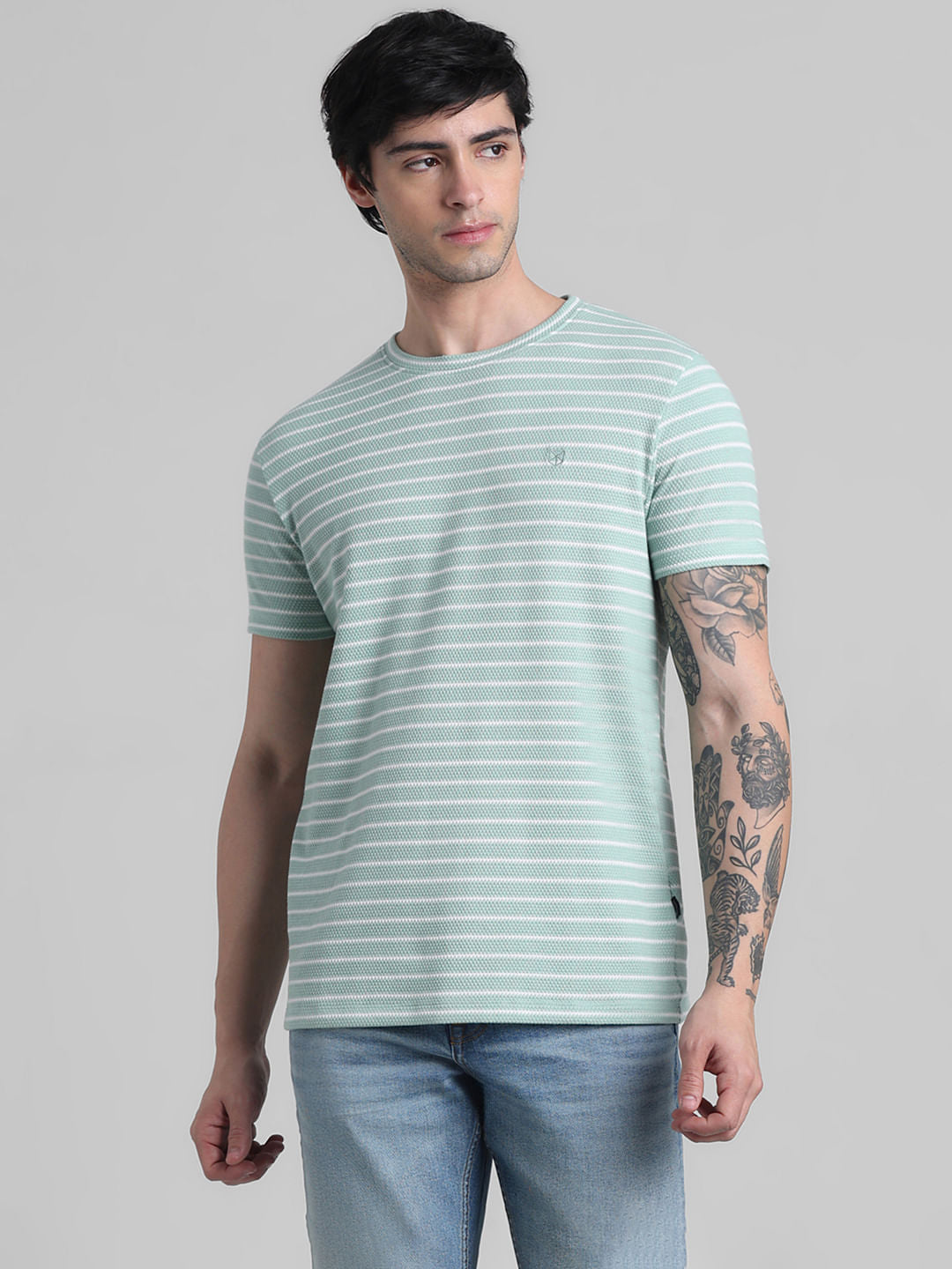 Green Striped Crew Neck T-shirt