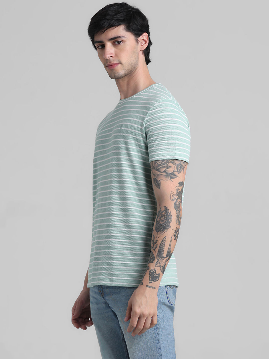 Green Striped Crew Neck T-shirt