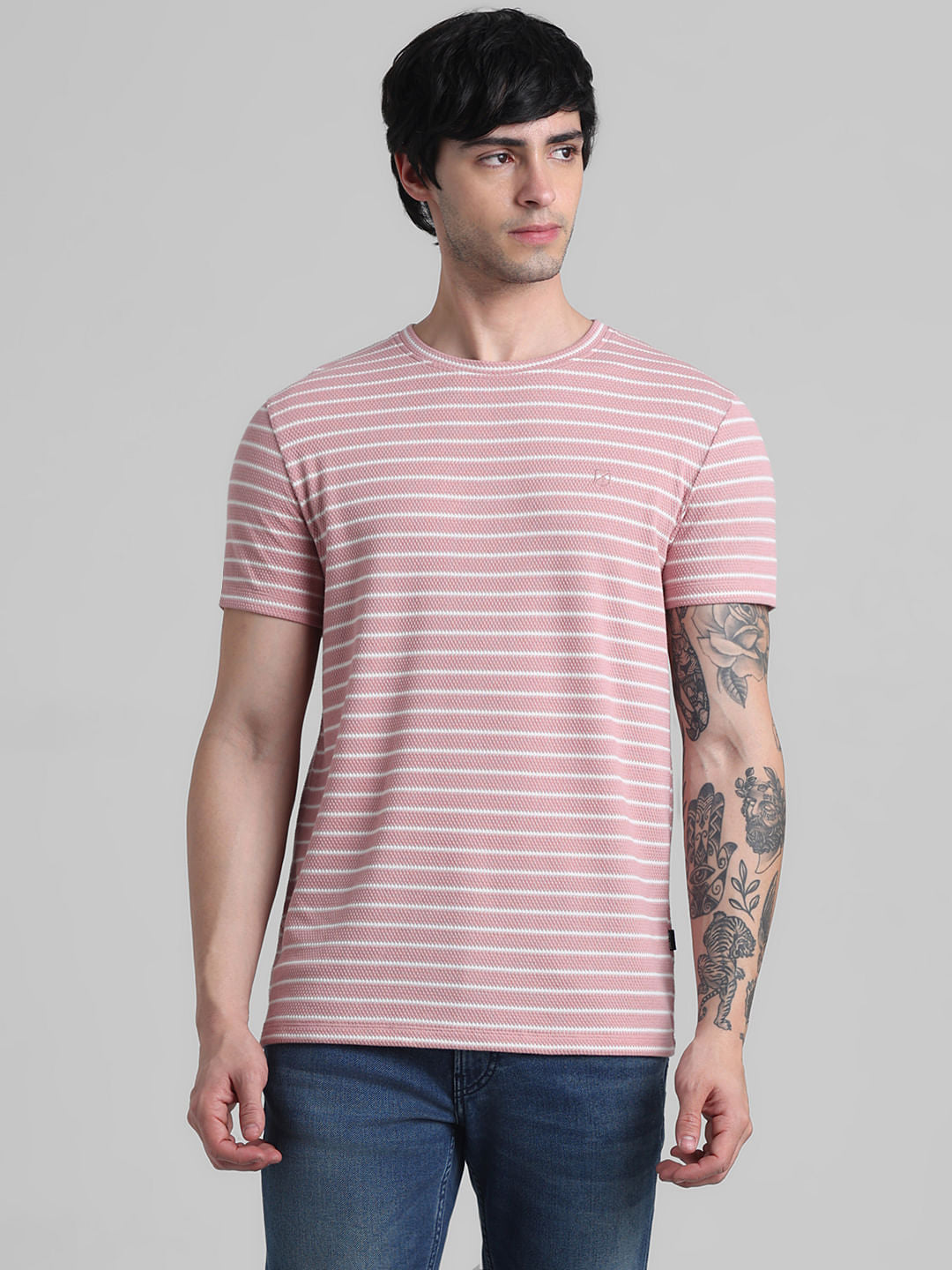 Pink Striped Crew Neck T-shirt