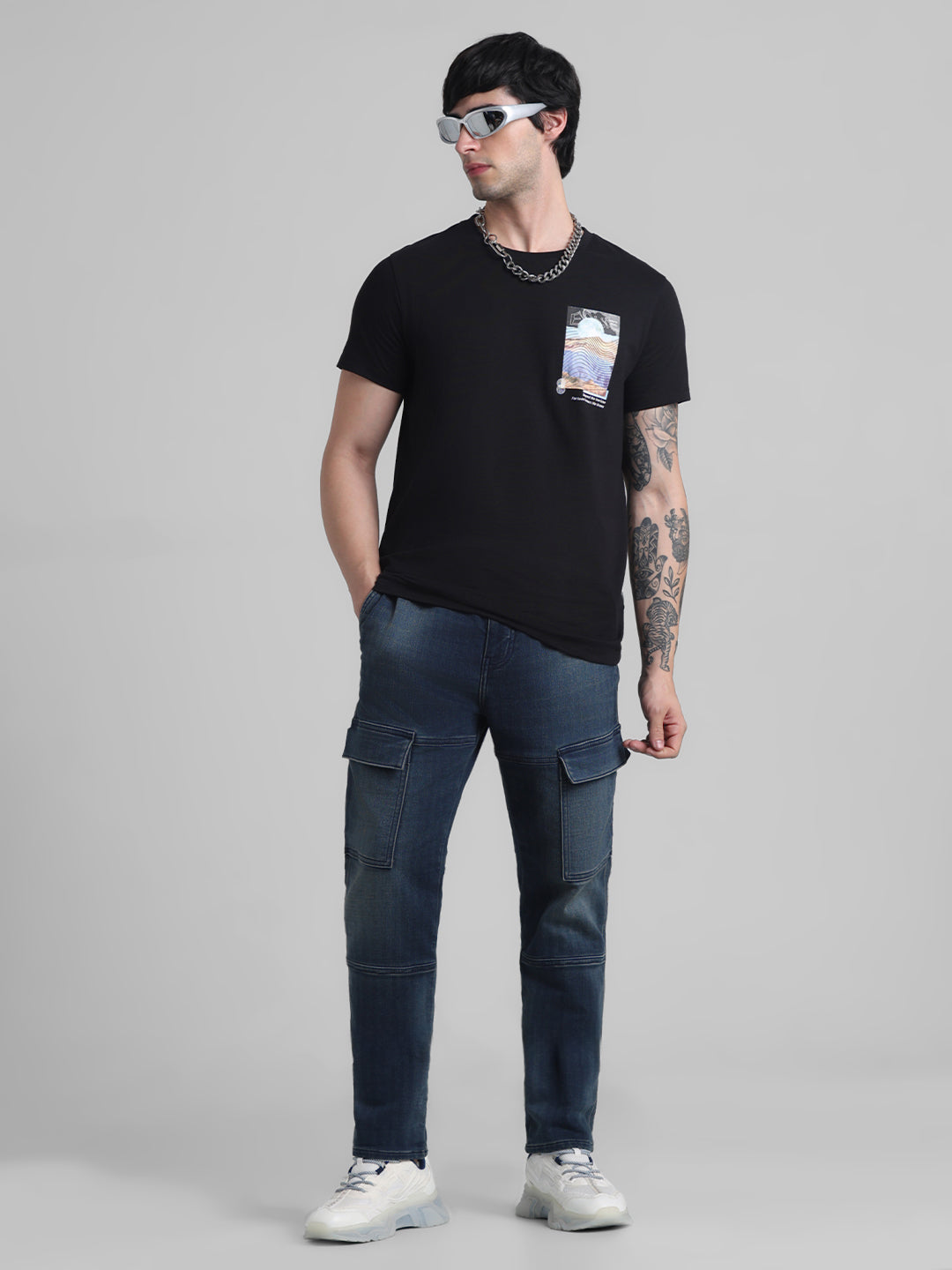 Men's Slim Fit Cargo Denim Joggers In Dark Blue